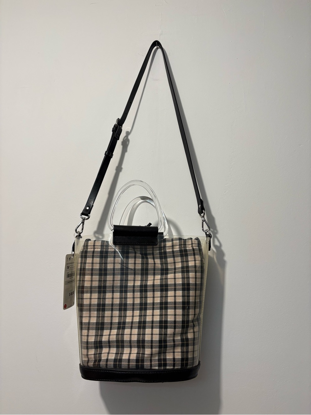 Zara Beige and Black Plaid Crossbody with Clear Top Handles